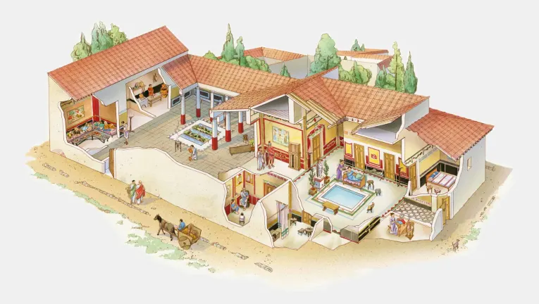 Cross section illustration of an ancient Roman villa